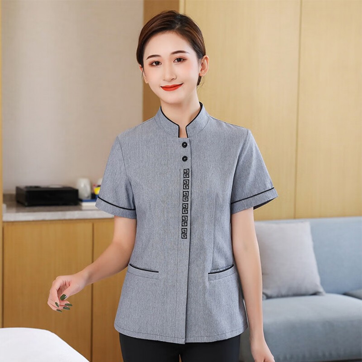 晟泰邦 保洁工作服夏季男女款酒店客房清洁员衬衣六格 灰色（L-6XL可选 下单备注）单位：件