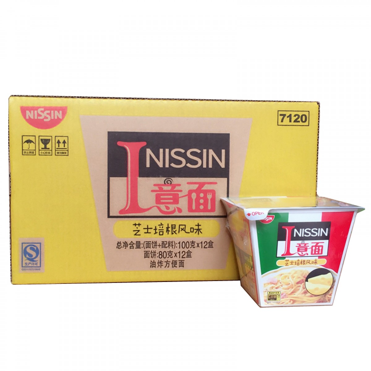 日清 方便面 I意面 芝士培根风味 100g*12碗整箱装意大利面 单位：箱