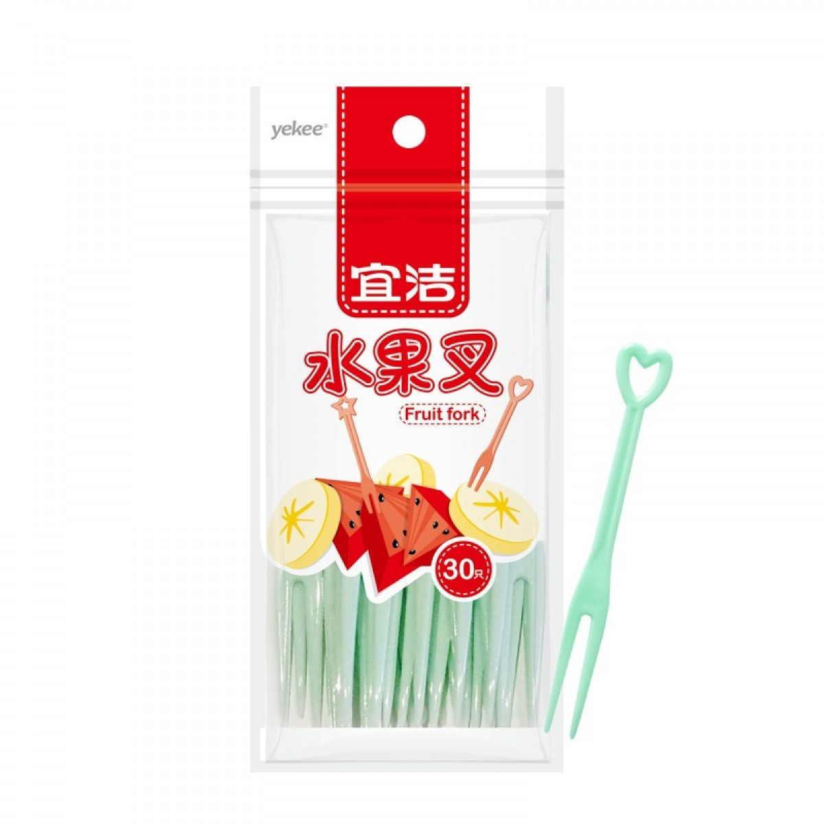 宜洁一次性塑料水果叉试吃叉便当蛋糕甜品叉 30只装（颜色随机） 单位：包