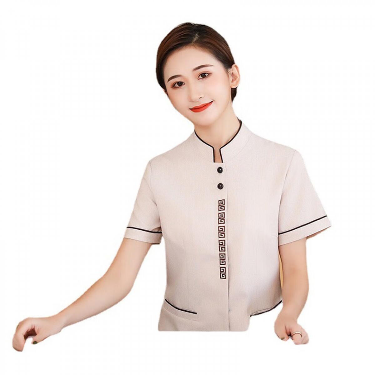 晟泰邦 保洁工作服短袖夏季男女款酒店宾馆客房清洁员物业阿姨衬衣六格 米白色（L-6XL可选 下单备注）单位：件