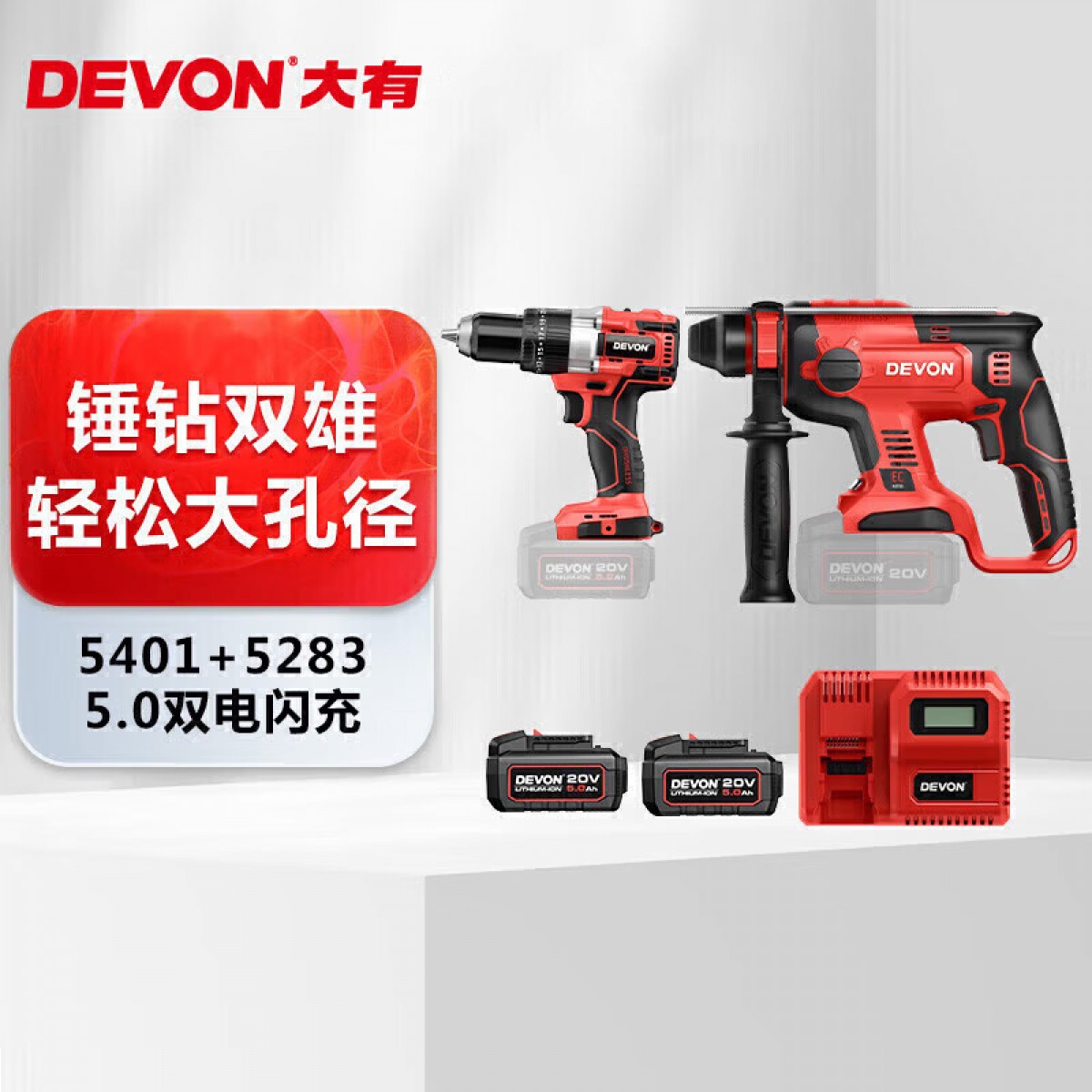 大有（Devon）20V锤钻5401组套无刷锂电锤电镐冲击钻工业级双电5.0闪充标准套餐 单位：套