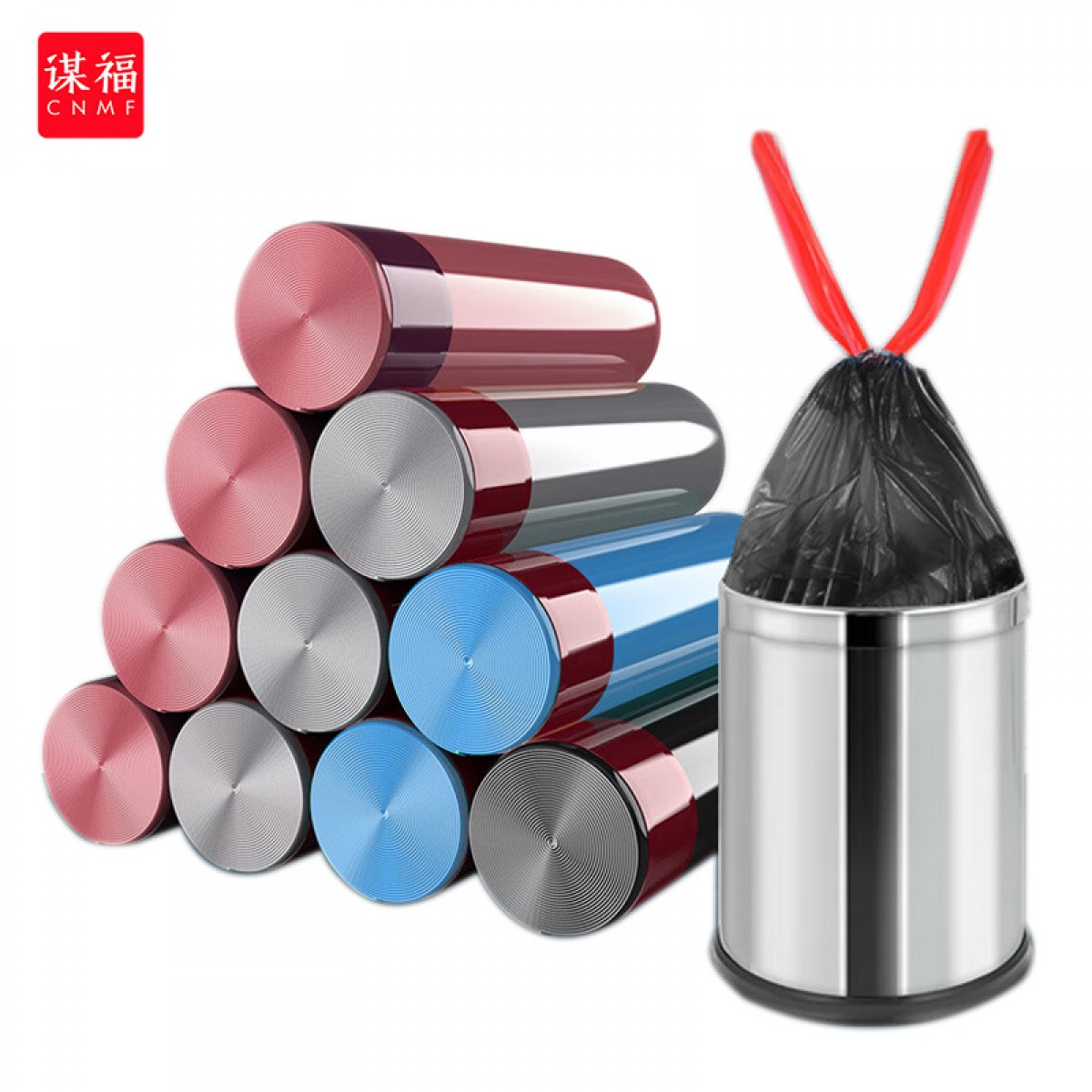 谋福 厚款抽绳垃圾袋 手提垃圾袋 自用商办物业办公大号垃圾袋 【抽绳式】10卷150只加厚-彩色混搭 单位：包