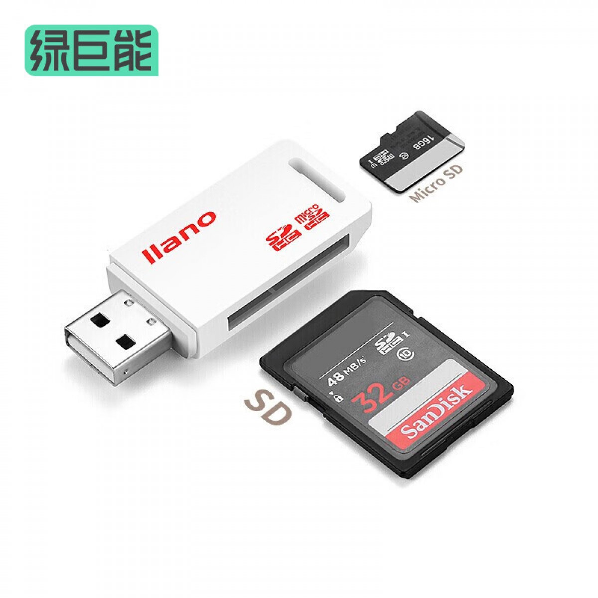 绿巨能（llano）读卡器 多合一 SD/TF读卡器 多功能相机手机读卡器 Micro SD读卡器 二合一 单位：个