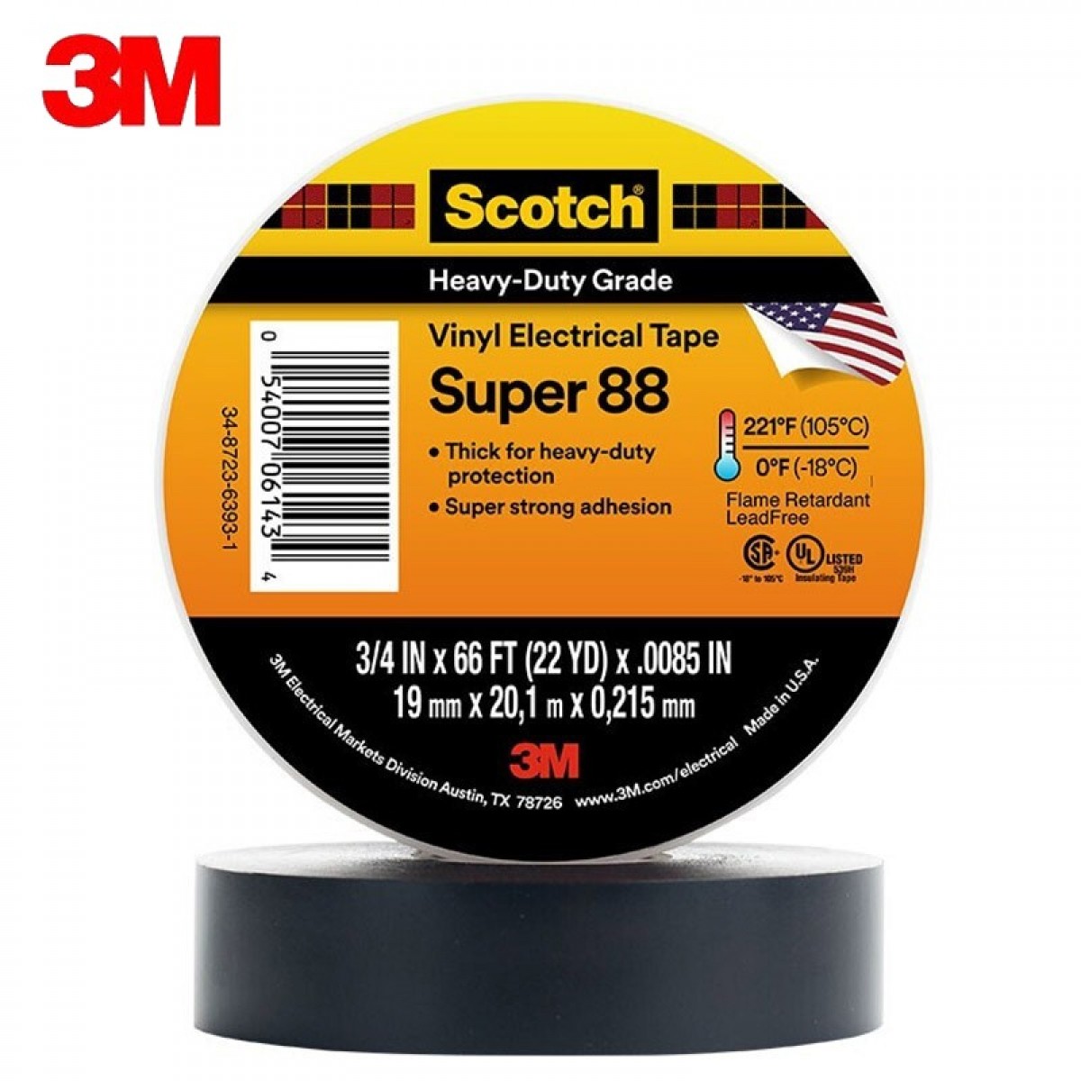3M Scotch Super88 特优级PVC绝缘胶带 电气电工胶布 耐磨耐酸碱19mm*20.1m*0.216mm 1卷 单位：卷