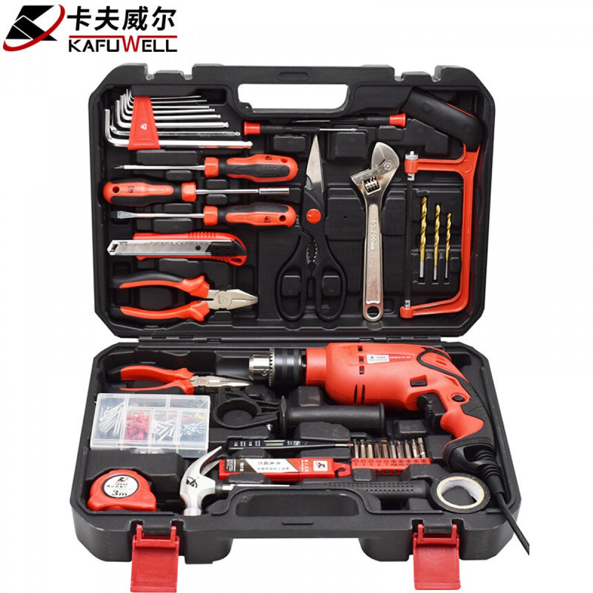 卡夫威尔 600W13mm家用电钻 冲击电钻 电钻套装 工具箱 工具套装 工具包 家用维修工具 108件套 P2796A