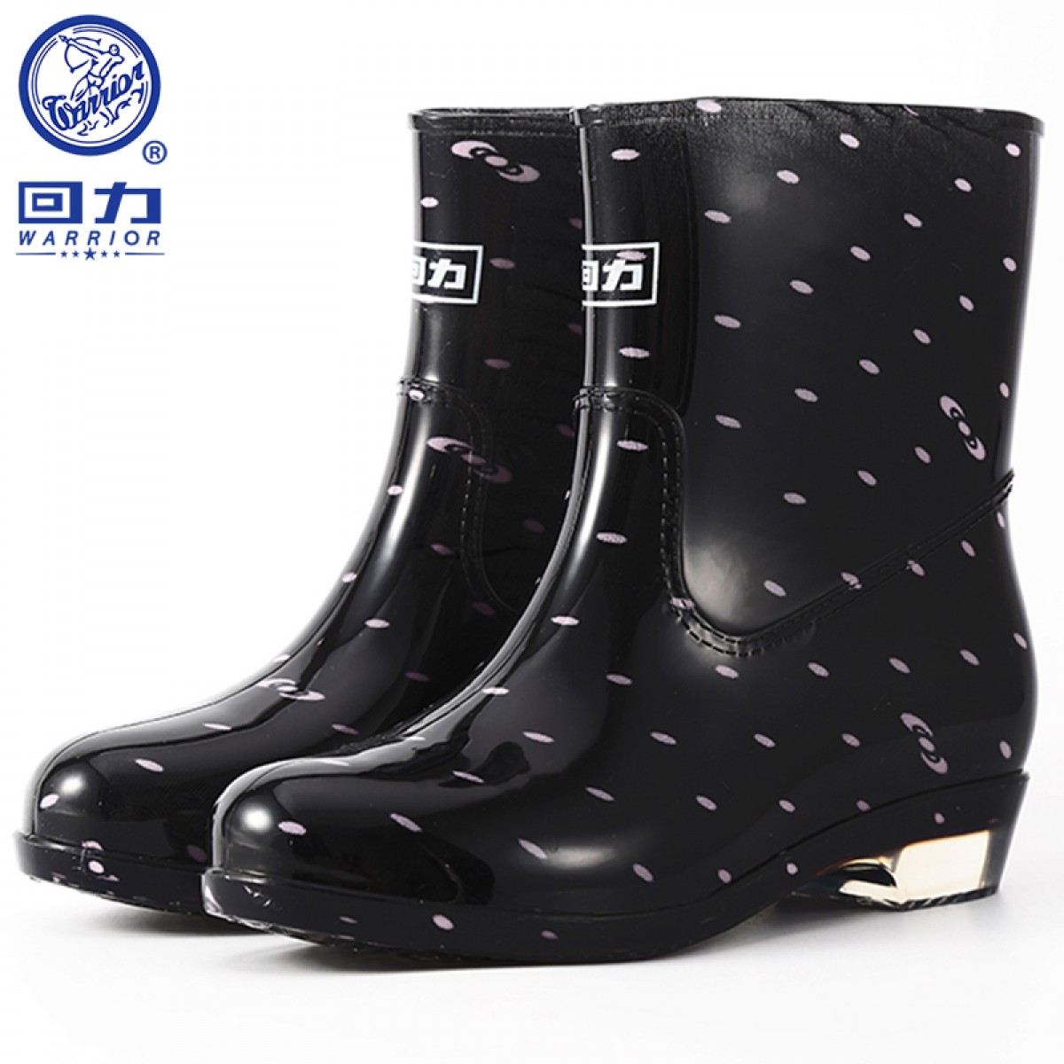 回力雨鞋女士时尚户外中筒防水雨靴水鞋胶鞋雨靴套鞋 HXL523 粉点黑（36-40码可选）