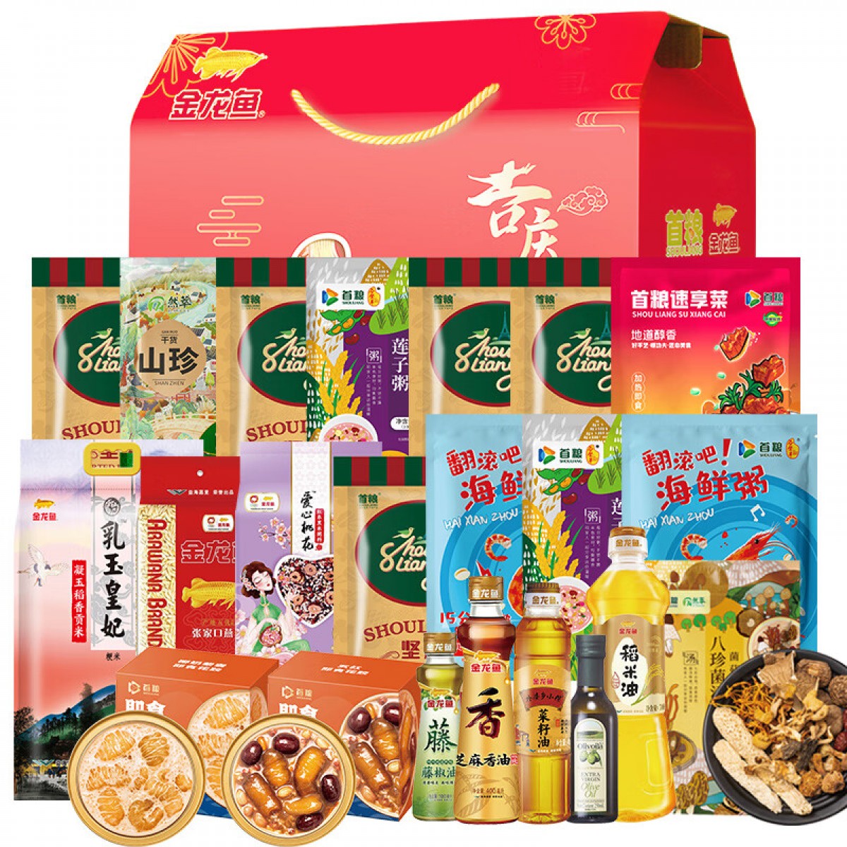 金龙鱼 金福锦华388型 五谷杂粮礼盒春节年货大礼包 大米面粉粮油坚果菌菇熟食组合套餐 单位：套