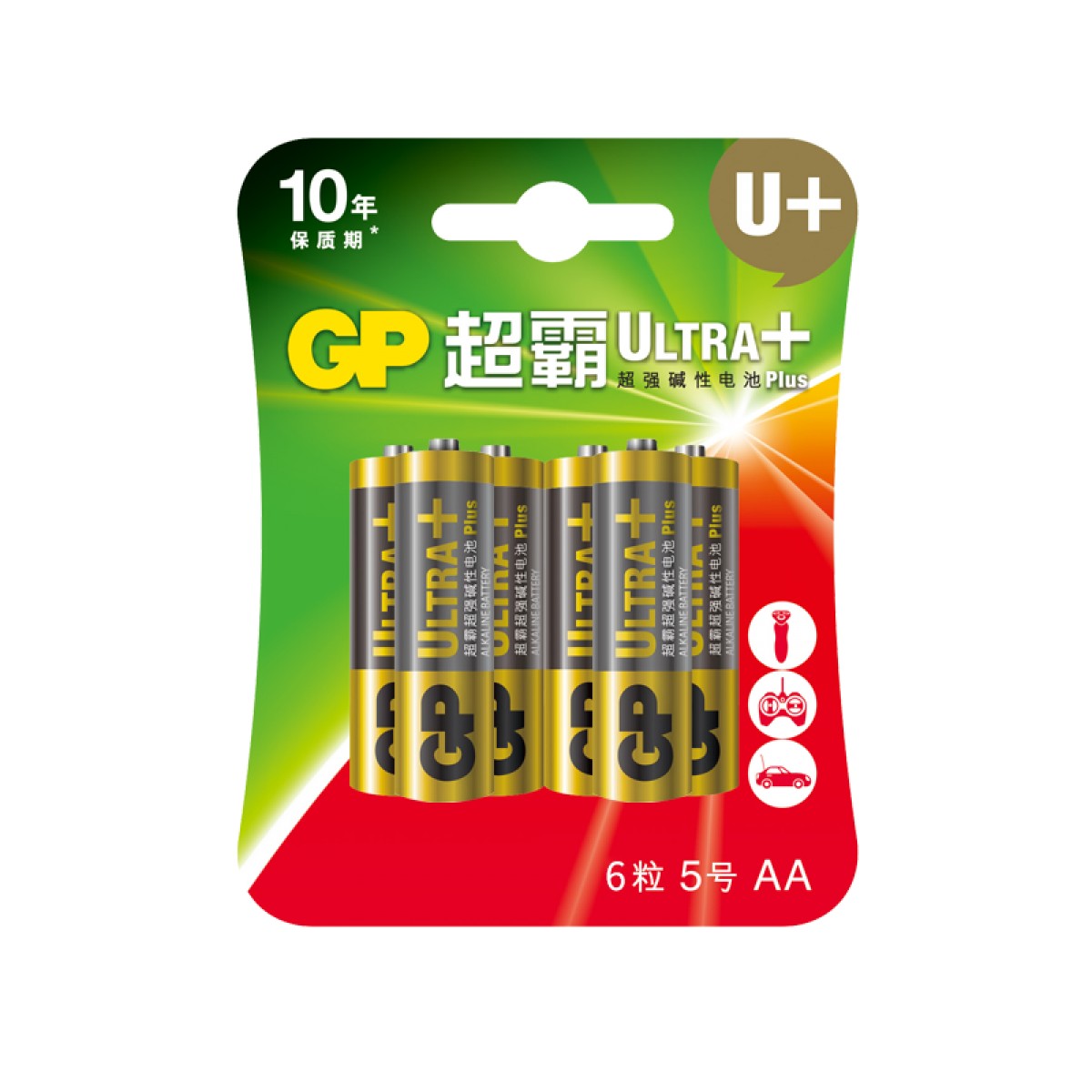 超霸（GP）UltraPlus5号AA/7号AAA高性能碱性电池1.5V用于儿童玩具遥控器血压计鼠标 5号 AA LR6碱性电池6节卡装 1卡