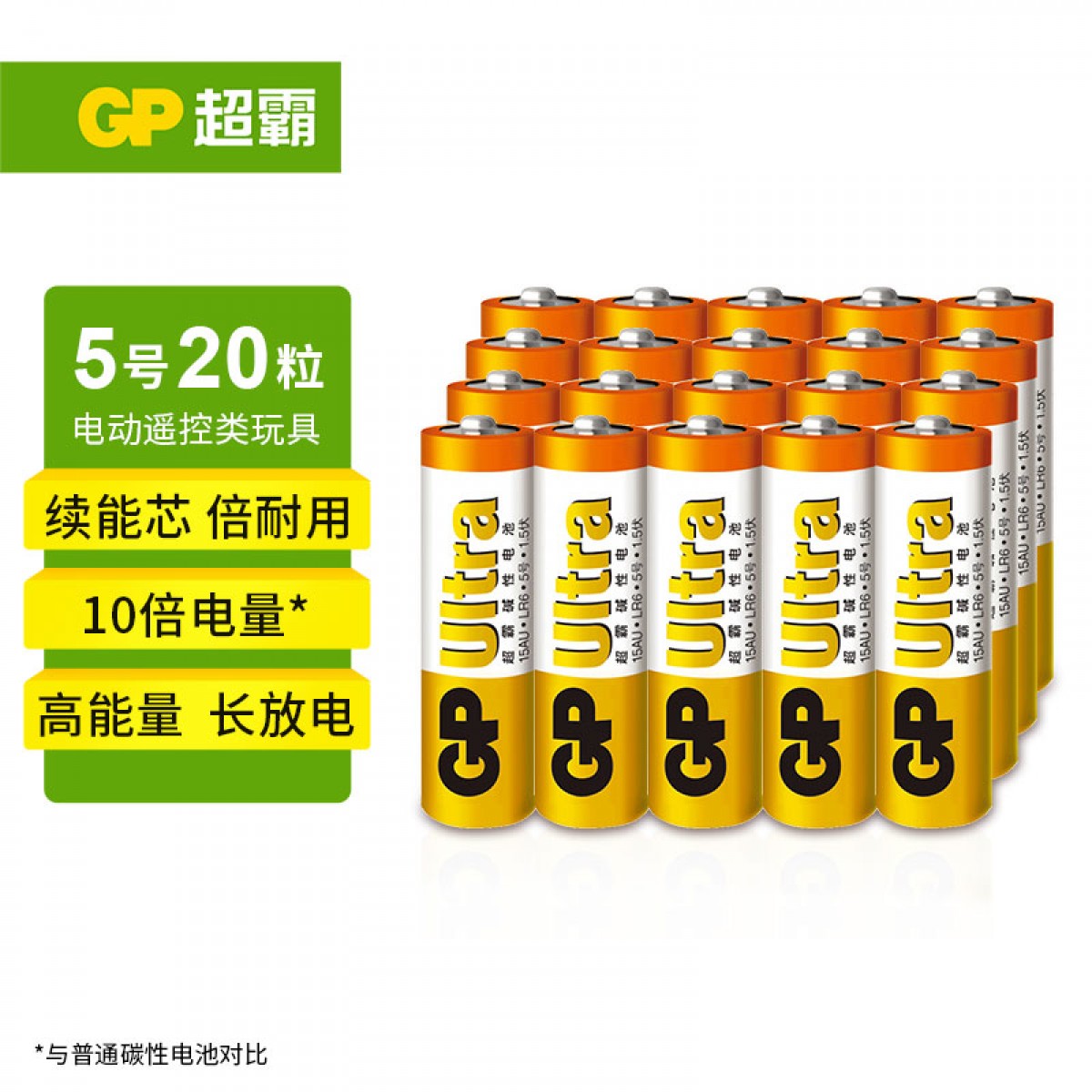 超霸（GP）5号电池20粒五号碱性干电池适用于手电筒小风扇/电视遥控器/鼠标/玩具遥控车5号/AA/R6P 商超同款
