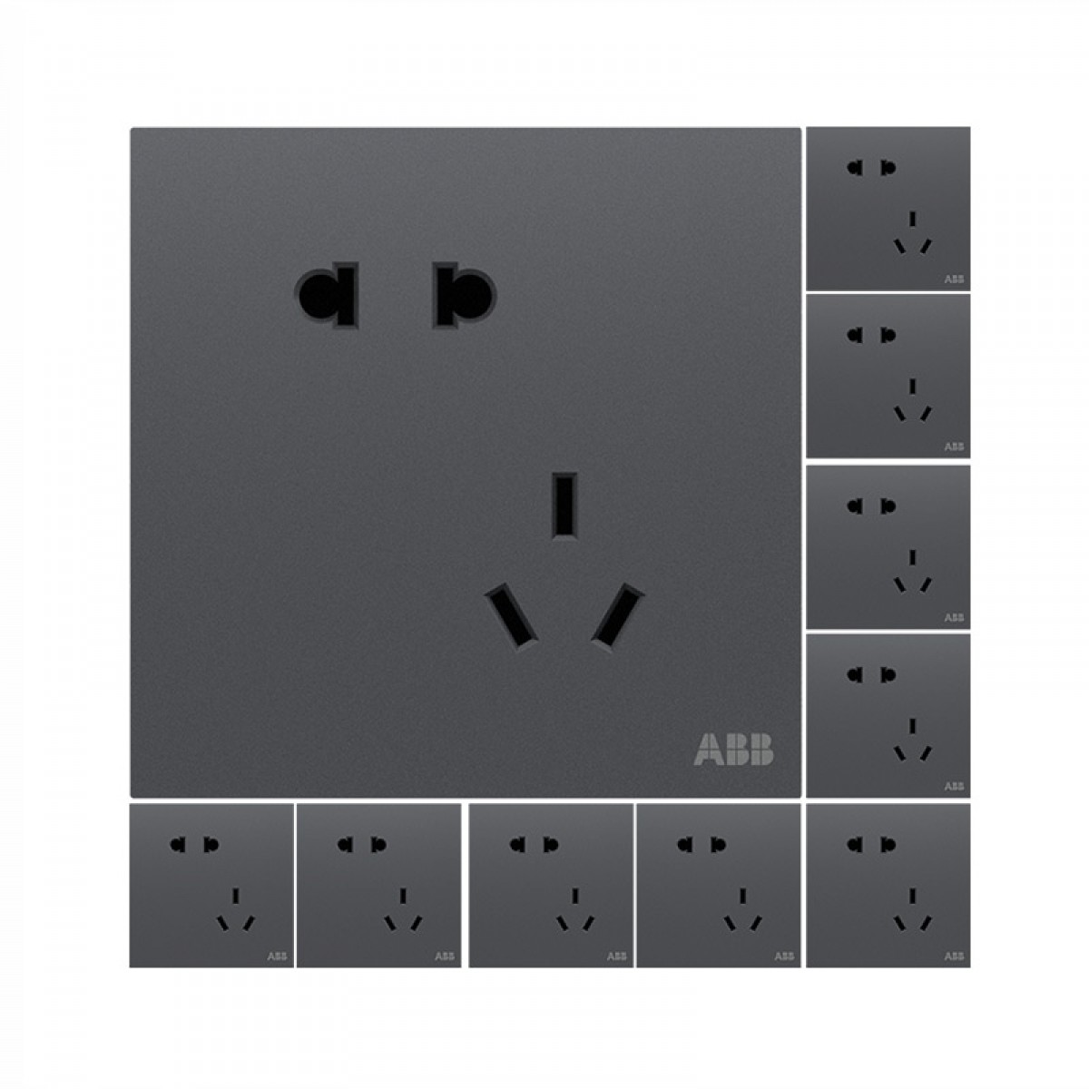 ABB开关插座面板 86型10A斜五孔插座十只装 盈致系列灰色CA205-MG*10